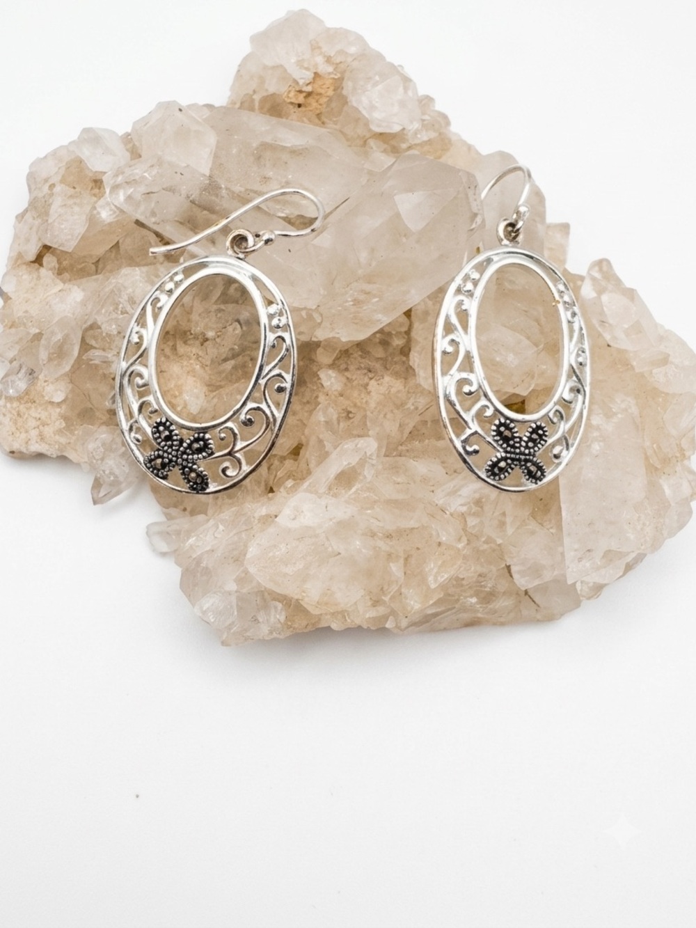 Sterling Silver Filigree Marcasite Oval Drop Earrings with Floral Accent